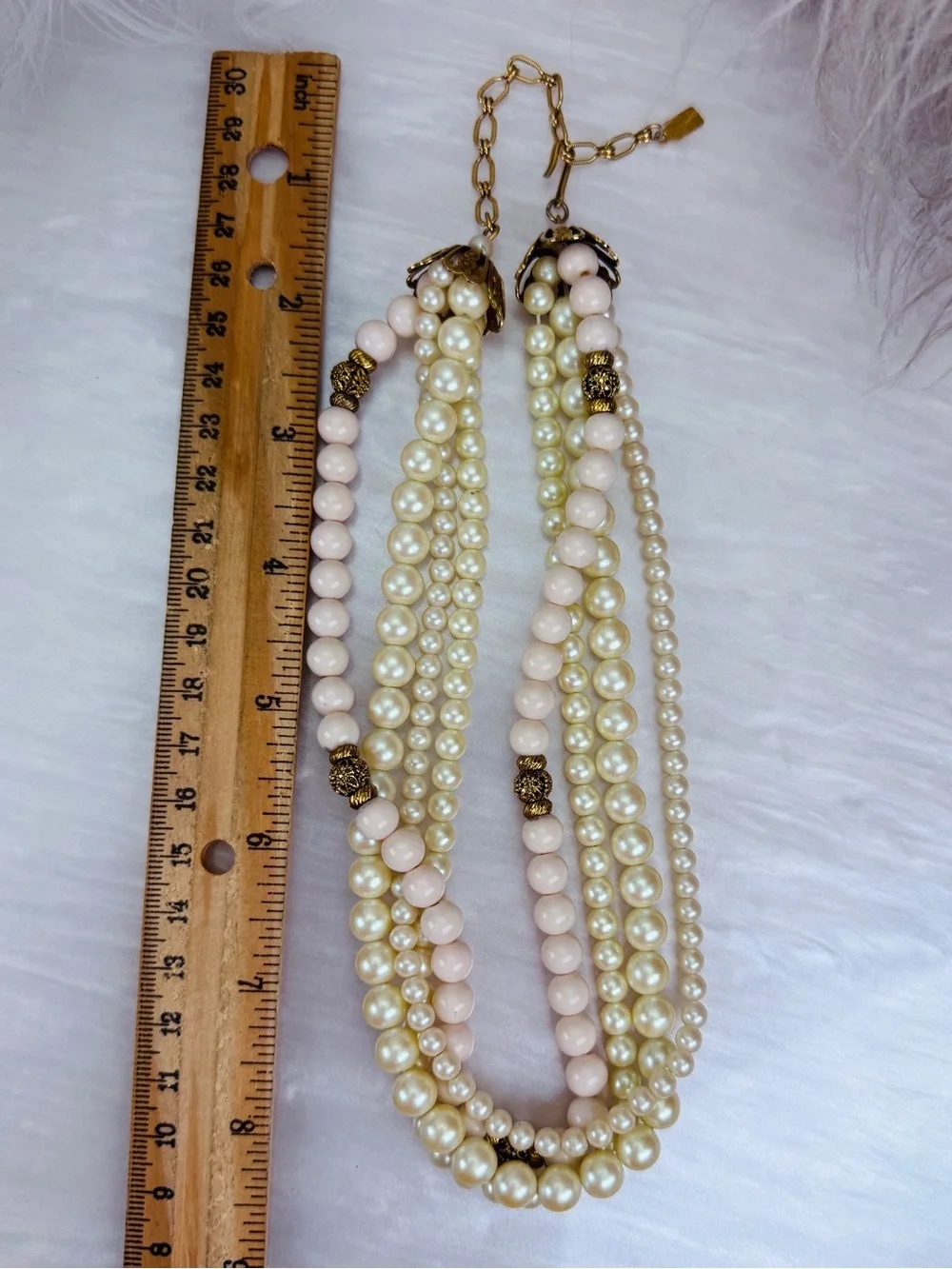 1928 Multi Strand Cream Blush Bead Gold Tone Statement Necklace Vintage
